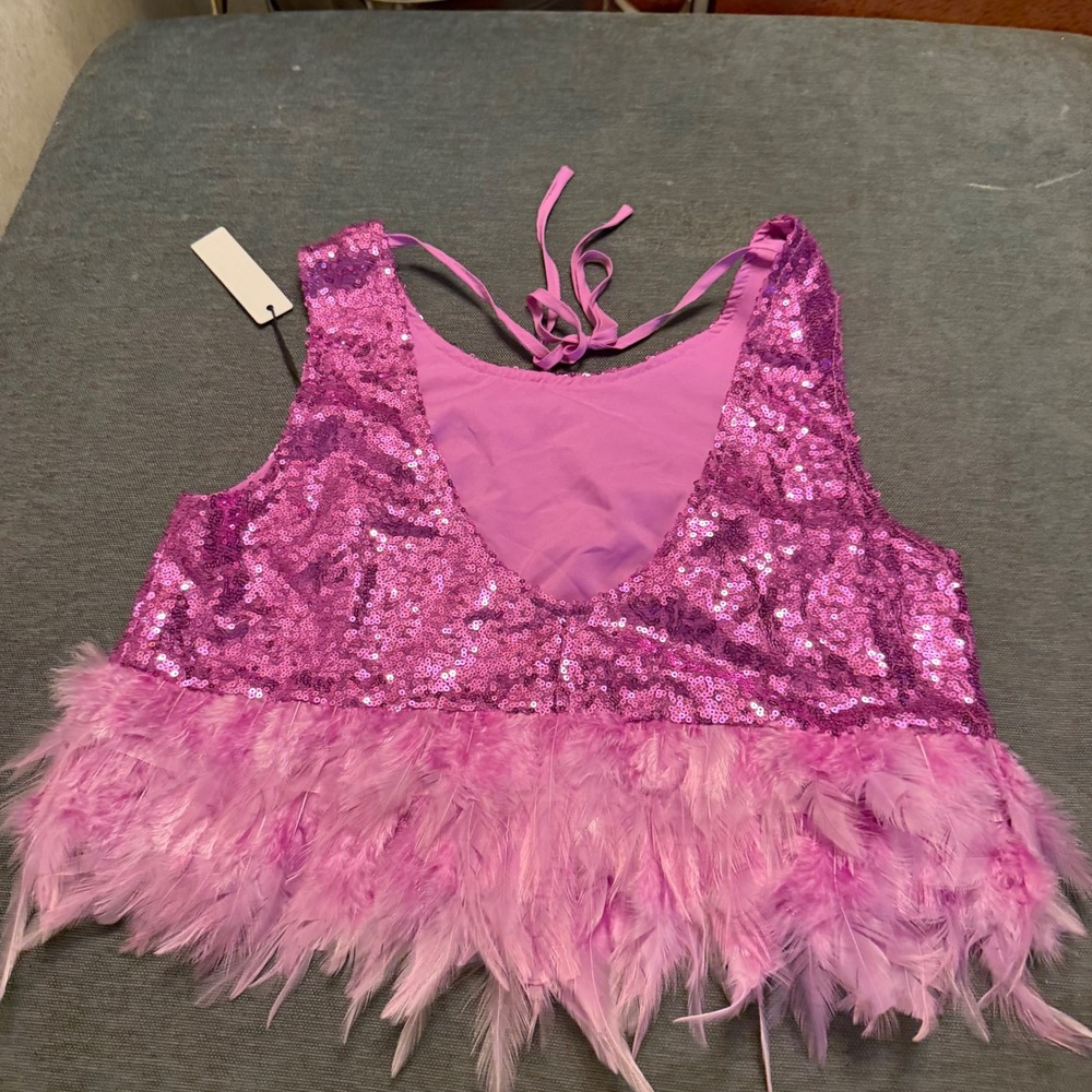 Day + Moon Purple Sequin Feather Trim Crop Top Halter Tie V-Back Party Tank - Picture 2 of 6